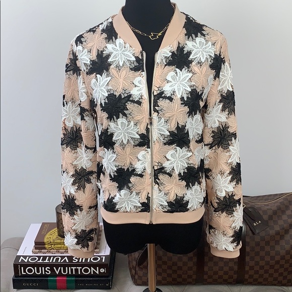 Lucy Paris Lace Bomber Jacket Blush Pink & Black S - Picture 2 of 11